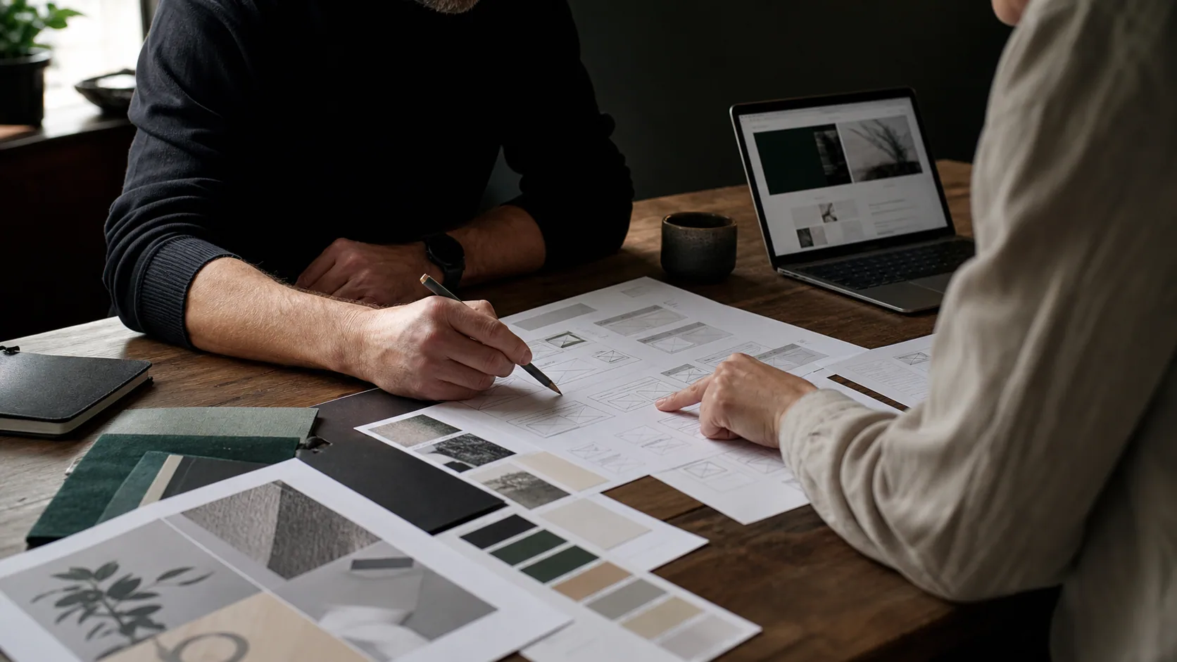 Designer en ondernemer bespreken samen het ontwerp van een website