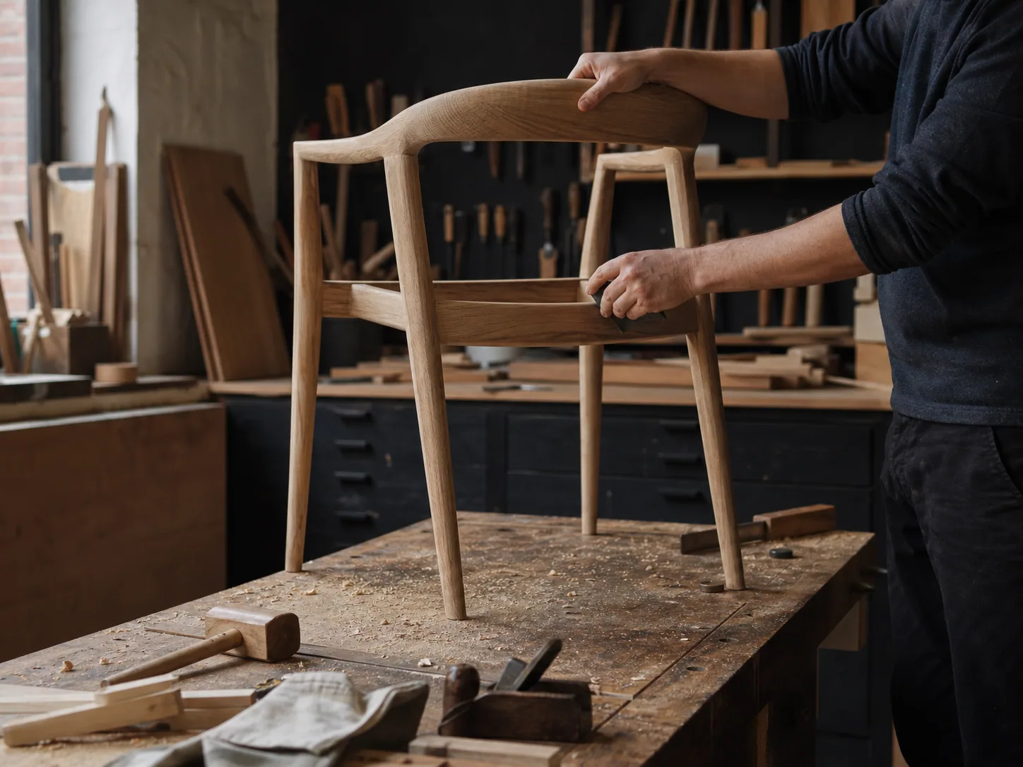 Meubelmaker werkt een massief eiken stoel af in het atelier