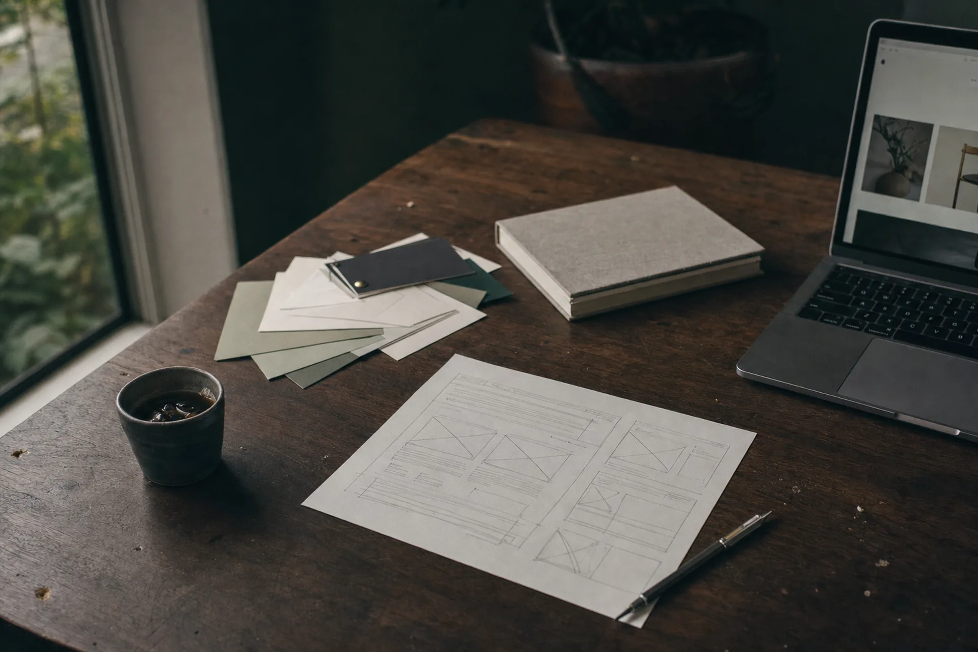 Werktafel met wireframe-schetsen, kleurstalen en een laptop