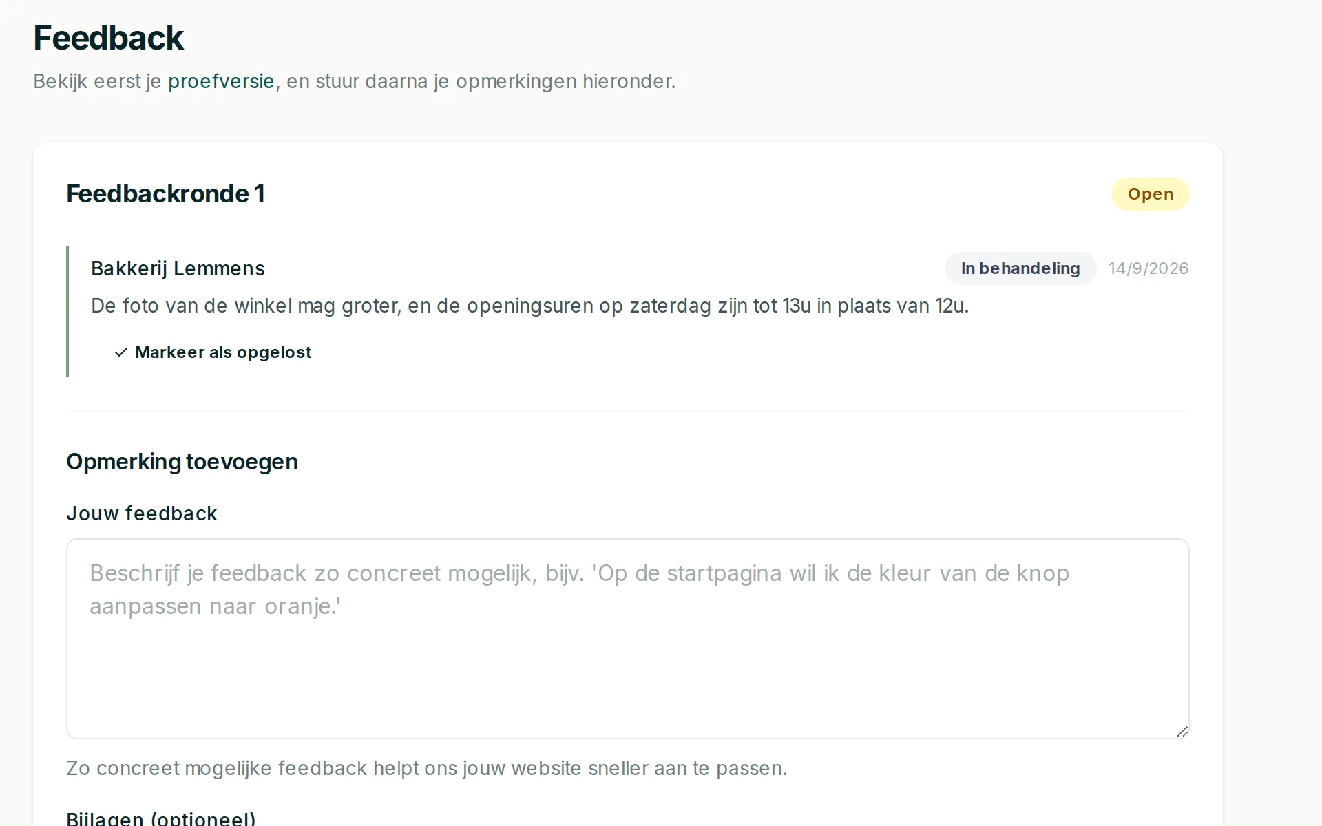 De feedbackpagina in het klantenportaal: een opmerking van de klant en het vak om nieuwe feedback te sturen