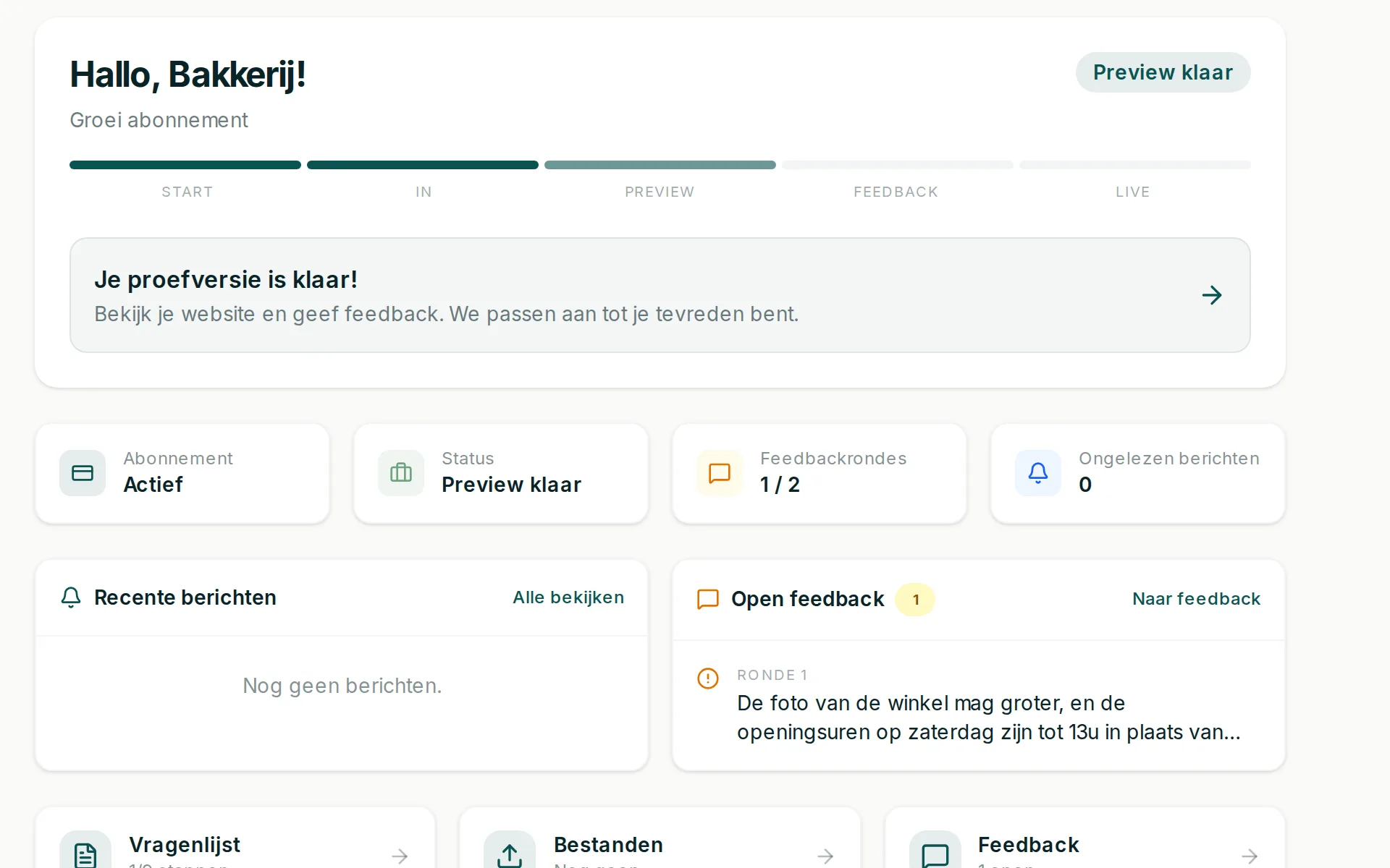 Het overzicht van je project in het klantenportaal met de status van je website en je open feedback