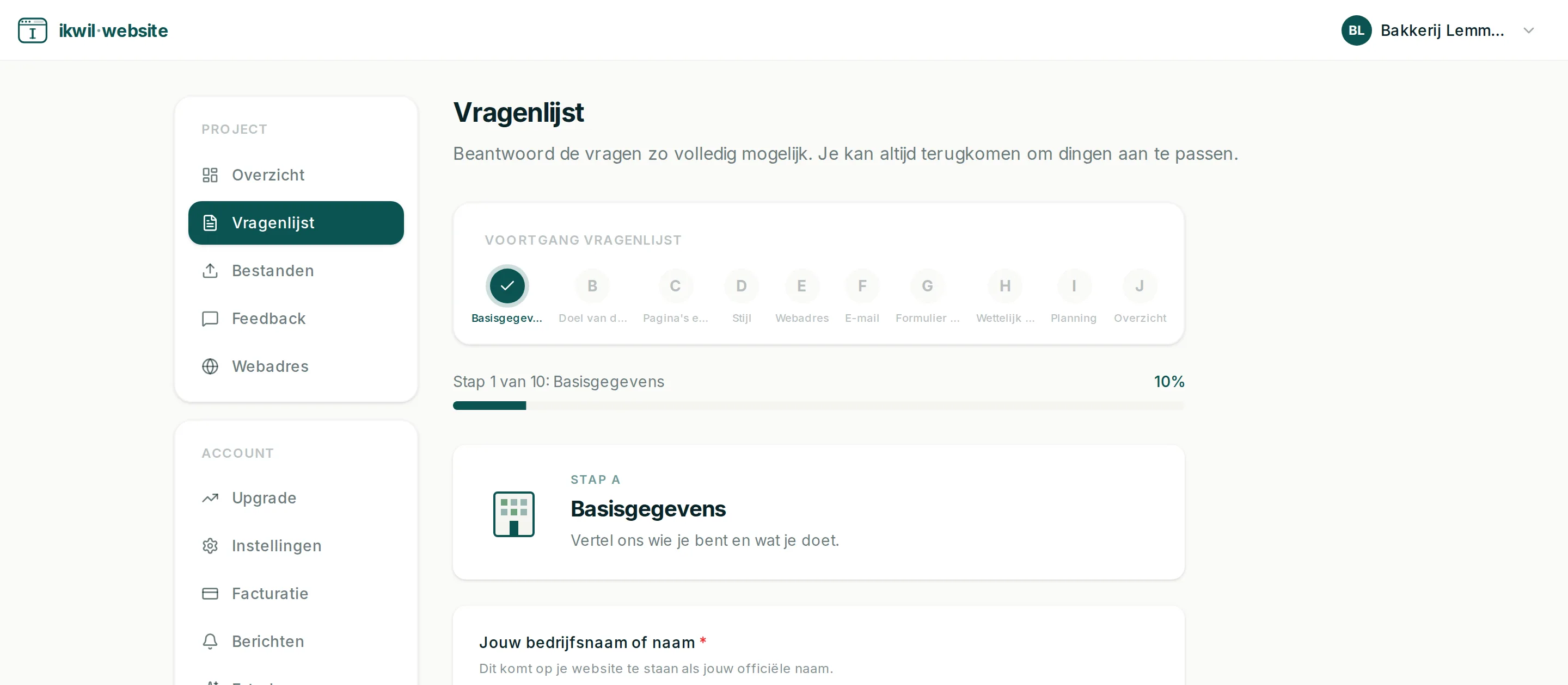 De vragenlijst in het klantenportaal van ikwil.website, stap 1 van 10: basisgegevens